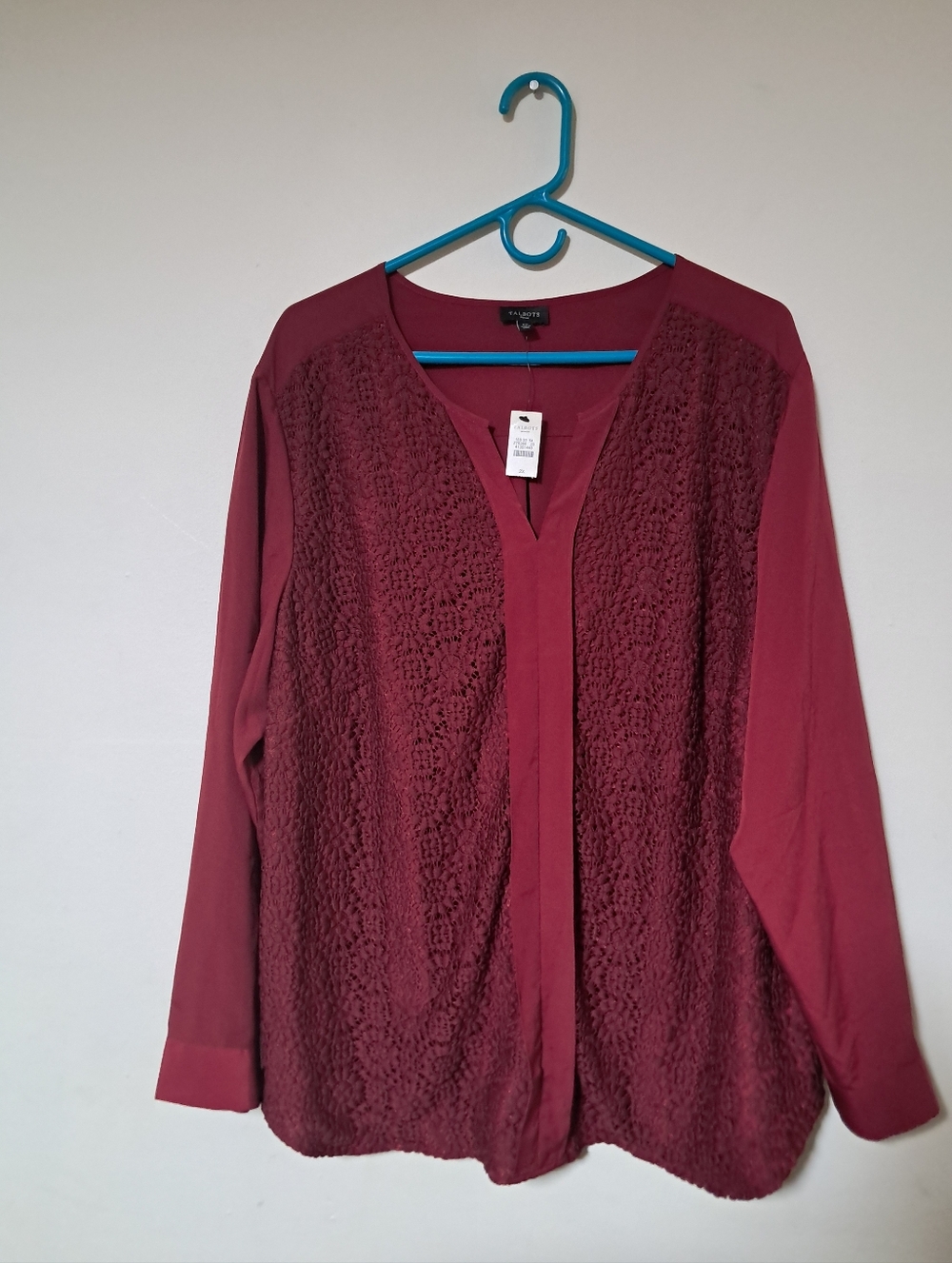 Talbots Women's Wine Crochet-Front Long Sleeve Blouse Sz. 2X Office Wear.